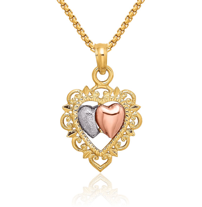 14K Solid Yellow Rose Pink Gold White Heart Necklace Love Pendant Charm