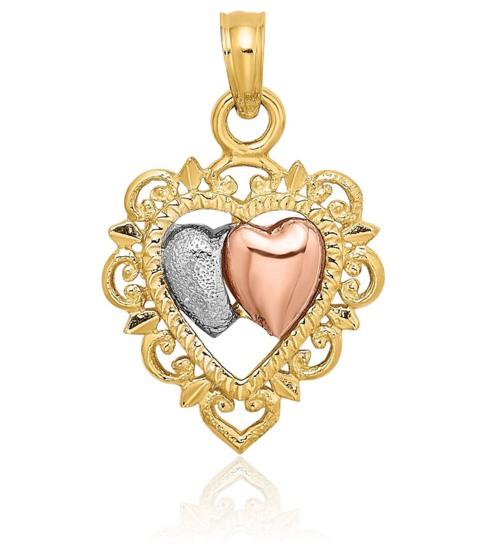 14K Solid Yellow Rose Pink Gold White Heart Necklace Love Pendant Charm