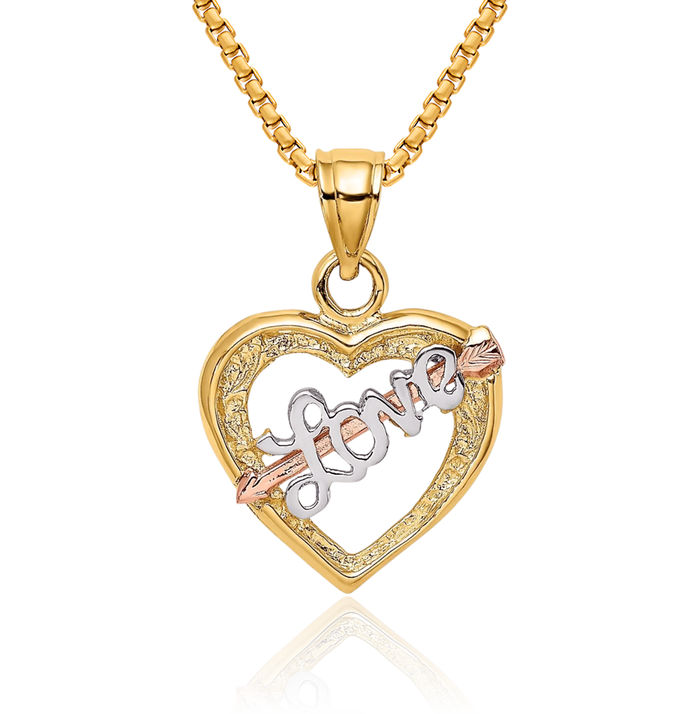 14K Solid Yellow Rose Pink Gold White Love Heart Arrow Necklace Chain Pendant Charm