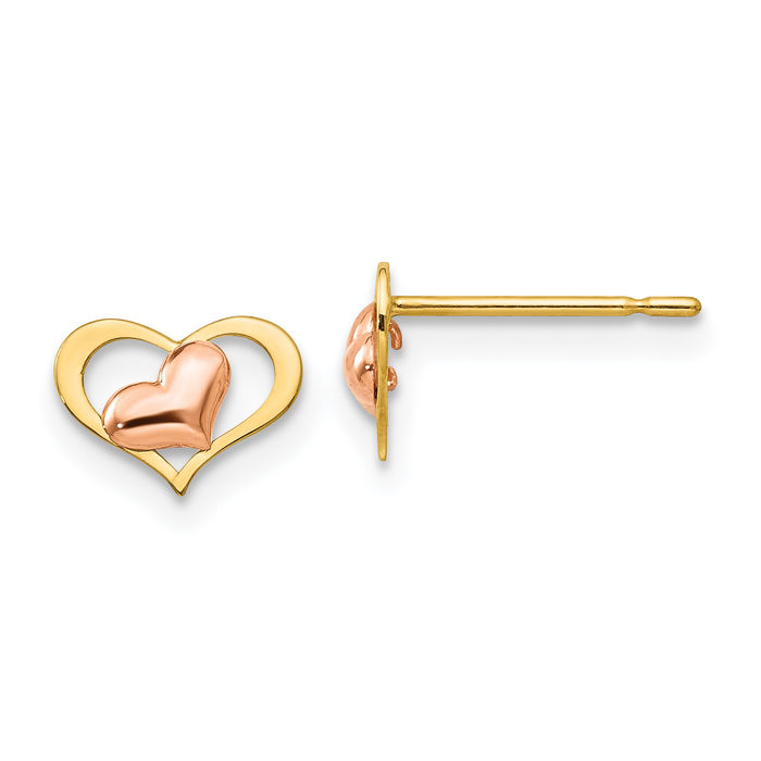 14K Solid Yellow Rose Pink Gold Heart Stud Earrings