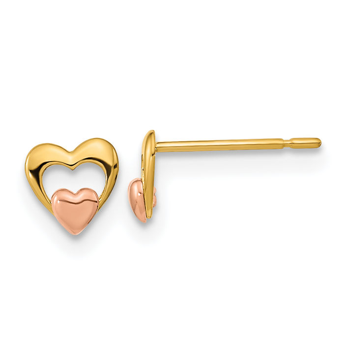 14K Solid Yellow Rose Pink Gold Heart Stud Earrings