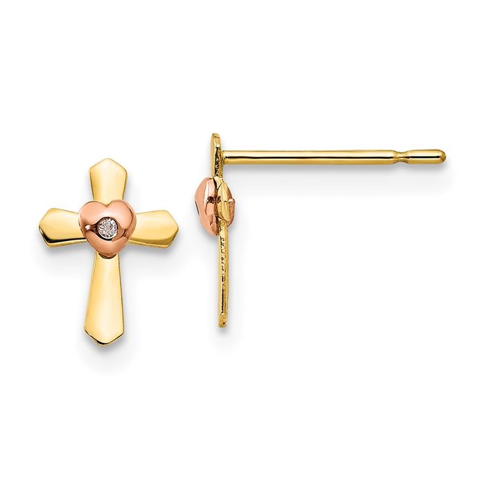 14K Solid Yellow Rose Pink Gold Holy Cross Heart Drop Dangle Christian Religious Stud Earrings