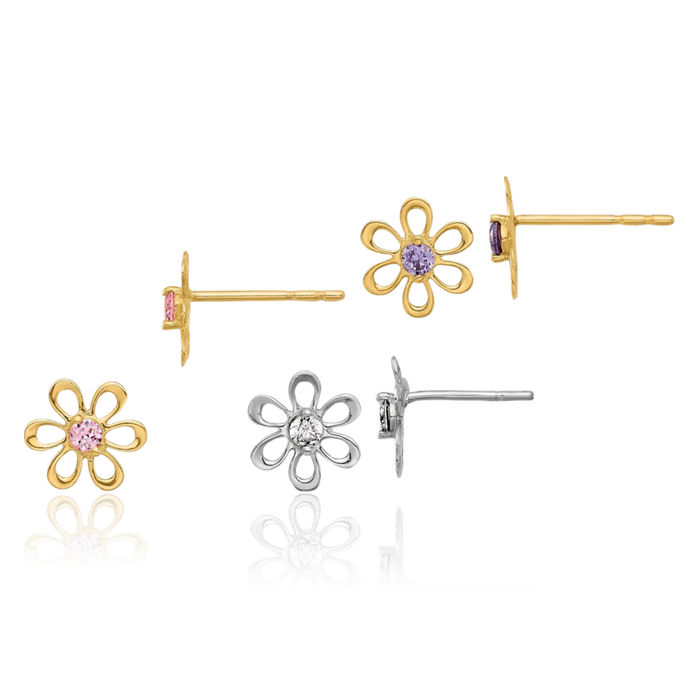 14K Solid Yellow White Gold Multi-color Cubic Zirconia CZ Flower Stud Earrings Set