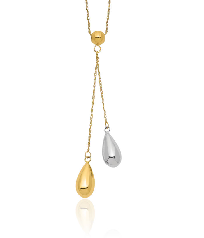 14K Solid Yellow White Gold Teardrop Lariat Chain Necklace