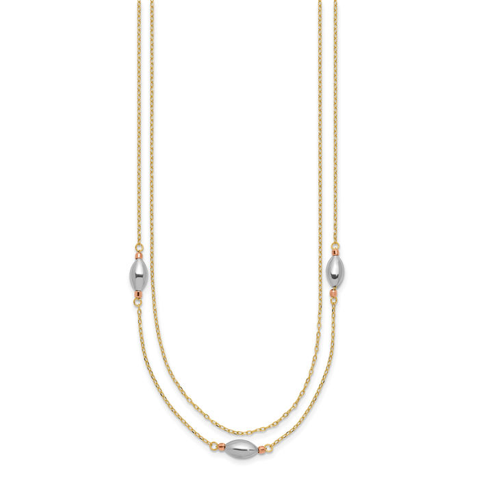 14K Solid Tri Color Pink White Yellow Gold Strand Beads Necklace Chain