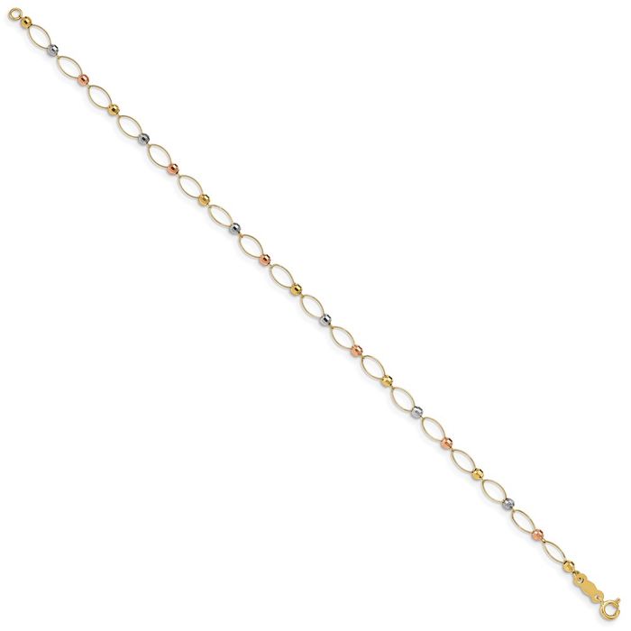 14K Solid Tri Color Pink White Yellow Gold Oval Link Beads Chain Bracelet