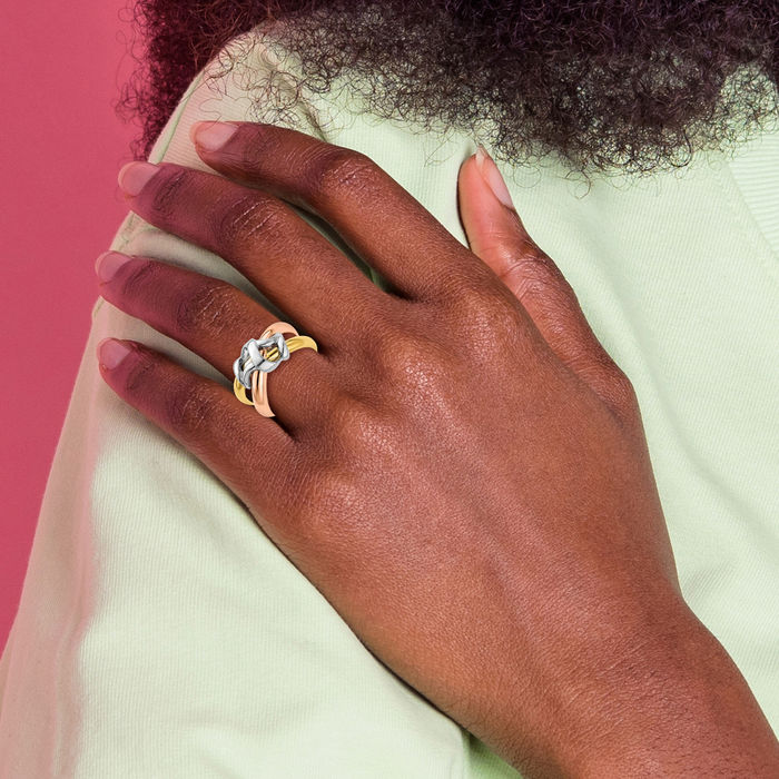 14K Solid Tri Color Pink White Yellow Gold Woven Crisscross Band Twisted Chunky Dome Statement Ring