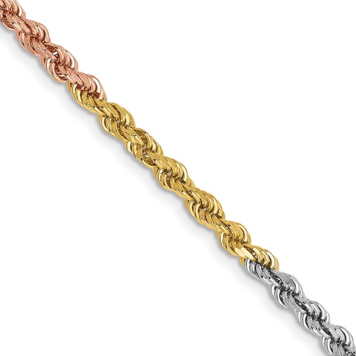 14K Solid Tri Color Pink White Yellow Gold 2.9mm Rope Chain Twisted Link Necklace