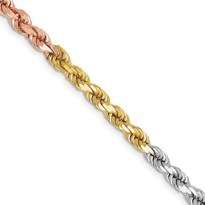 14K Solid Tri Color Pink White Yellow Gold 4mm Rope Chain Twisted Link Necklace