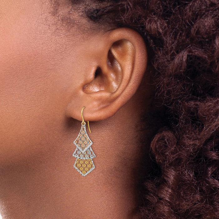 14K Solid Tri Color Pink White Yellow Gold Antique Filigree Drop Dangle Earrings