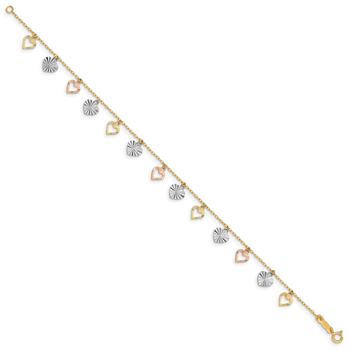 14K Solid Tri Color Pink White Yellow Gold Heart Chain Charm Bracelet