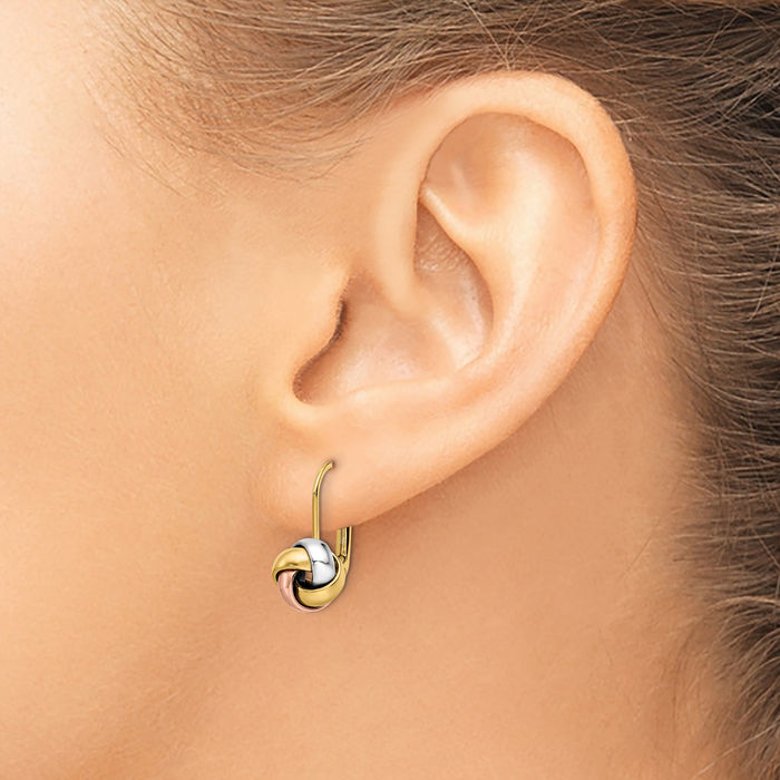 14K Solid Two Tone Rose White Gold Twisted Love Knot Symbol Drop Dangle Earrings