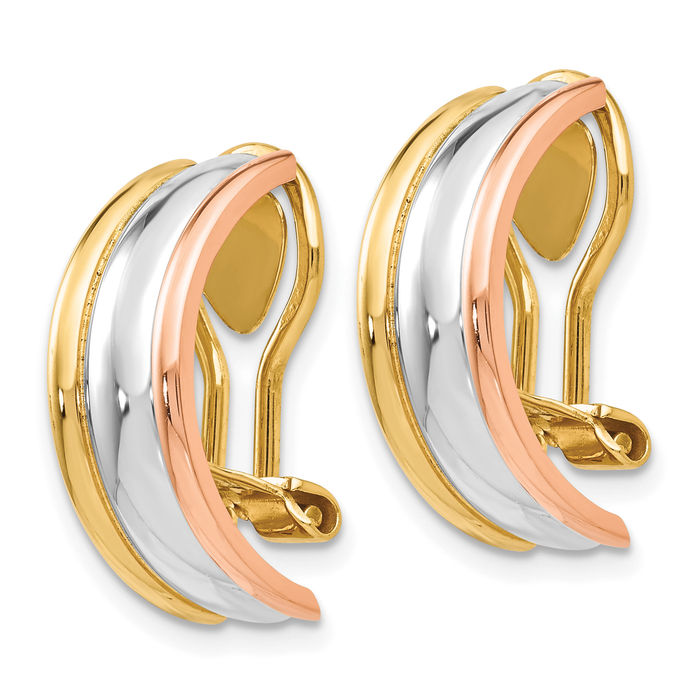 14K Solid Tri Color Pink White Yellow Gold Non Pierced Clip On Small Hoop Earrings