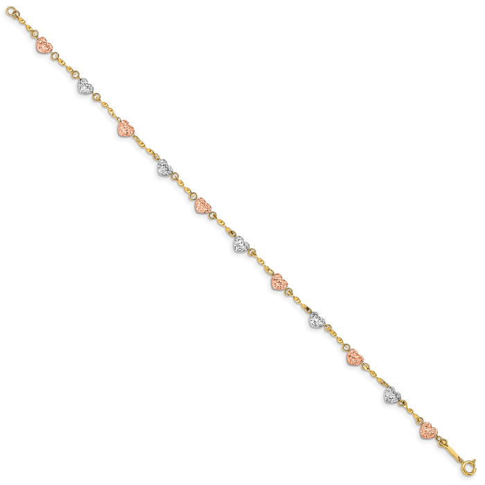 14K Solid Tri Color Pink White Yellow Gold Heart Chain Charm Bracelet