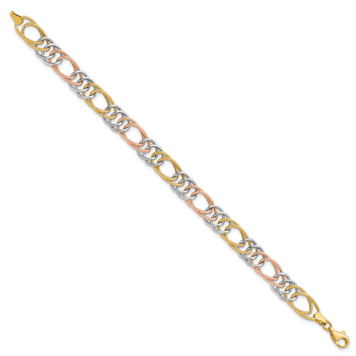 14K Solid Tri Color Pink White Yellow Gold Double Link Chain Bracelet