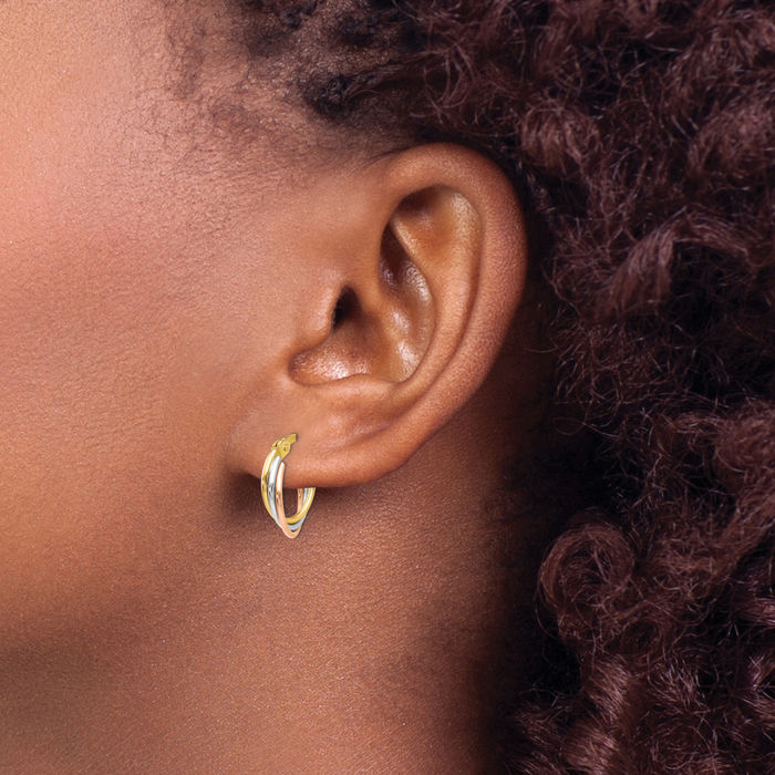 14K Solid Tri Color Pink White Yellow Gold Twisted Round Small Hoop Earrings