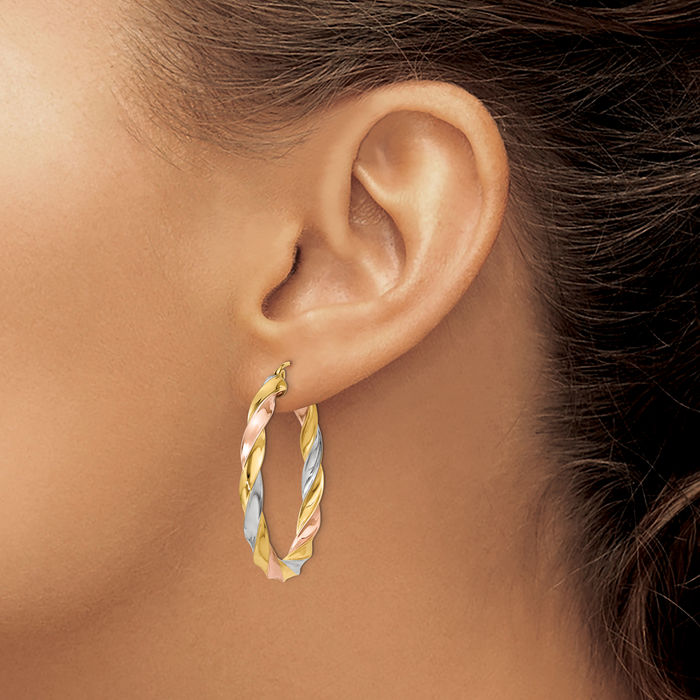 14K Solid Tri Color Pink White Yellow Gold Twisted Round Medium Hoop Earrings