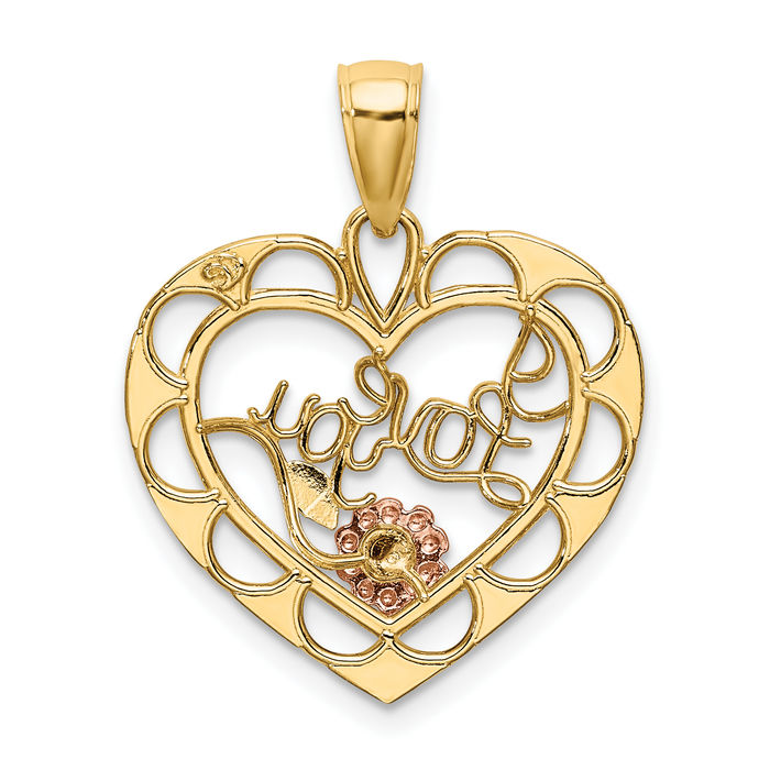 14K Solid Two Tone Gold One White I Love You Heart Flower Necklace Chain Pendant Charm