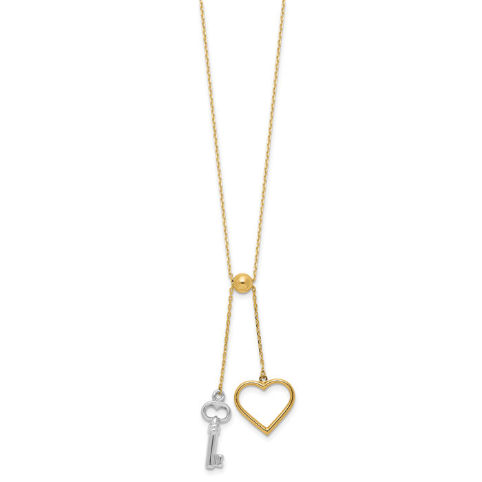 14K Solid Two Tone Gold Adjustable Dangling Heart Key Chain Necklace