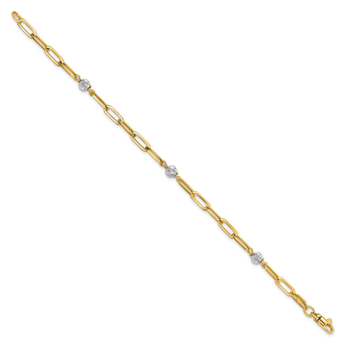 14K Solid Two Tone Gold Beads Link Chain Bracelet