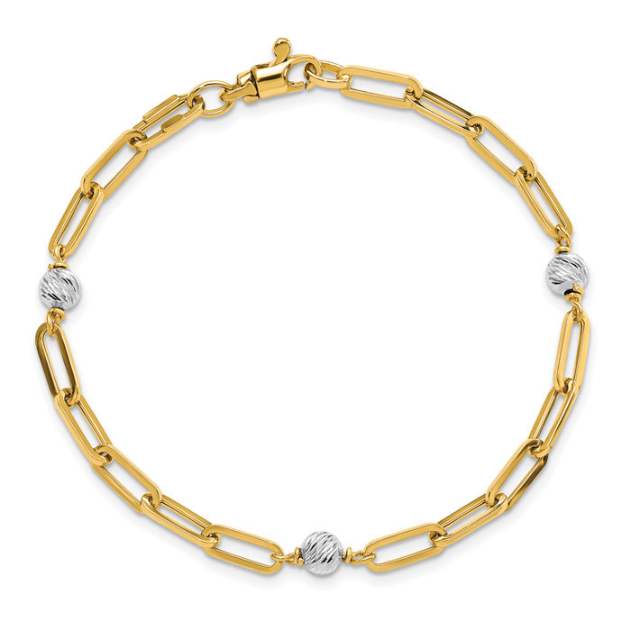 14K Solid Two Tone Gold Beads Link Chain Bracelet - Picture 8 of 12