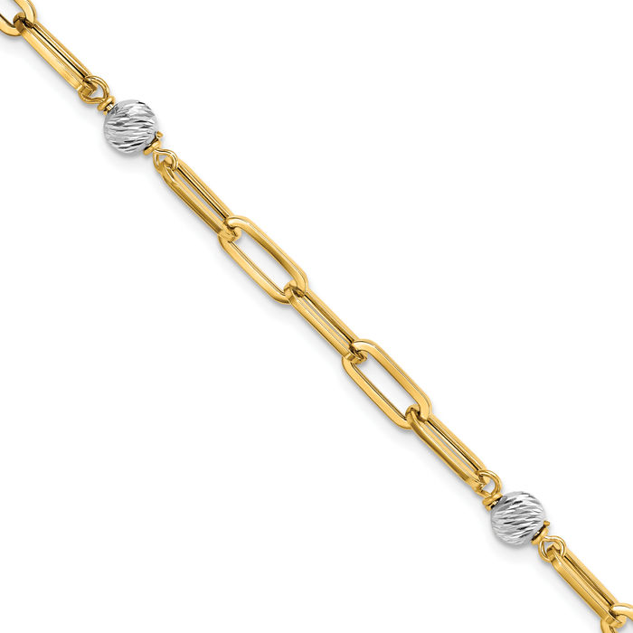 14K Solid Two Tone Gold Beads Link Chain Bracelet