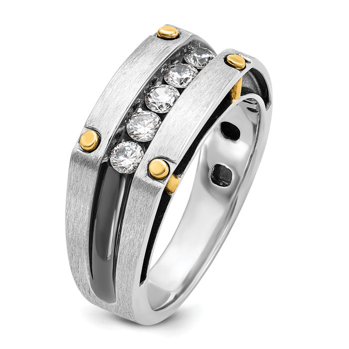 14K Solid Two Tone Gold Black Mens 5 Stone Diamond Wedding Band Statement Ring