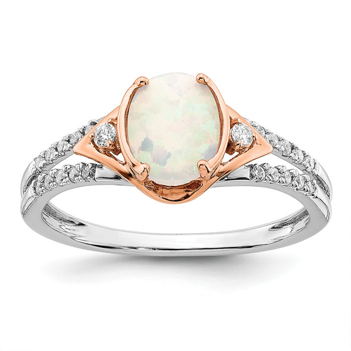 14K Solid Two Tone Gold Lab Opal Diamond Ring - Picture 6 of 59