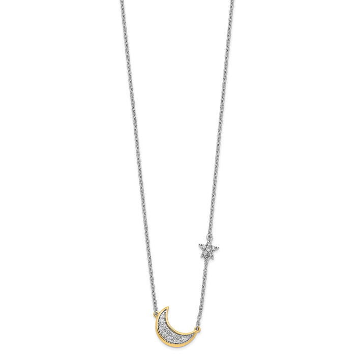 14K Solid Two Tone Gold Yellow Crescent Moon Star Diamond Necklace Chain Celestial Jewelry