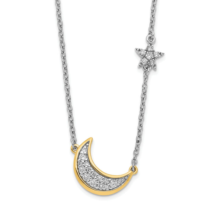 14K Solid Two Tone Gold Yellow Crescent Moon Star Diamond Necklace Chain Celestial Jewelry