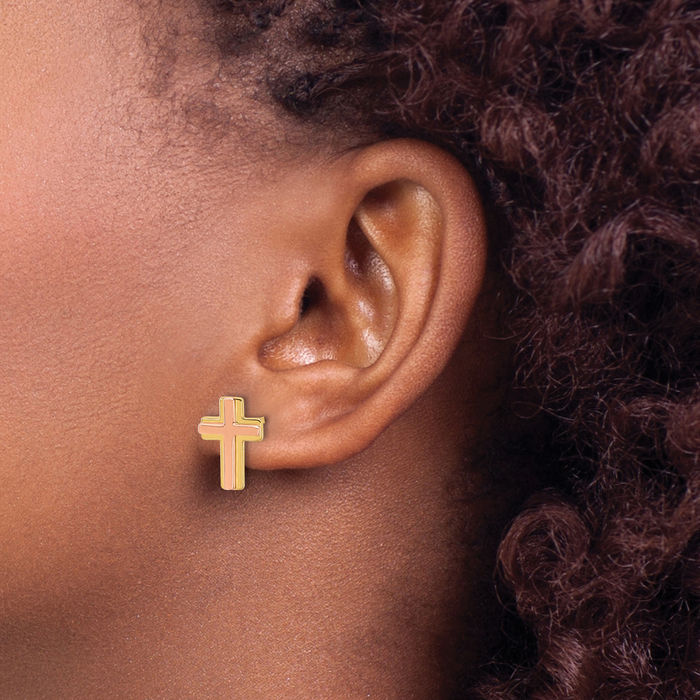 14K Solid Two Tone Gold Holy Cross Drop Dangle Christian Religious Stud Earrings