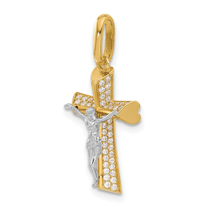 14K Solid Two Tone Gold White Cubic Zirconia CZ Lord Jesus Christ Crucifix Holy Cross Heart Necklace Religious Chain Pendant Charm