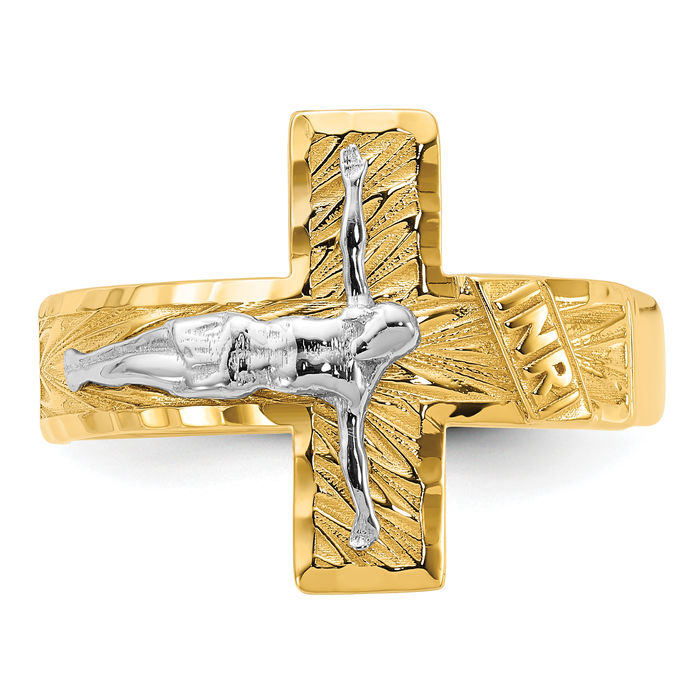 14K Solid Two Tone Gold Mens Lord Jesus Christ Crucifix Holy Cross Ring Christian Religious Band