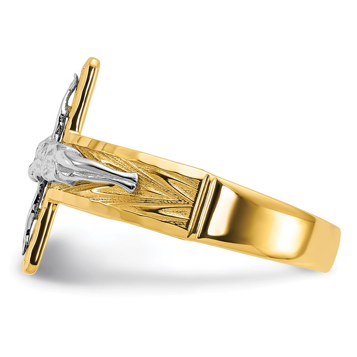 10K Solid Two Tone Gold Mens Lord Jesus Christ Crucifix Holy Cross Ring Christian Religious Band