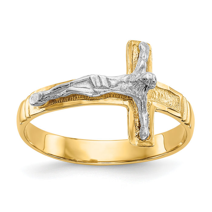 14K Solid Two Tone Gold Mens Jesus Crucifix Cross Ring