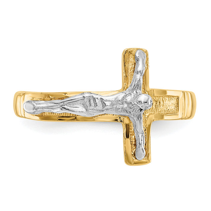 14K Solid Two Tone Gold Mens Jesus Crucifix Cross Ring