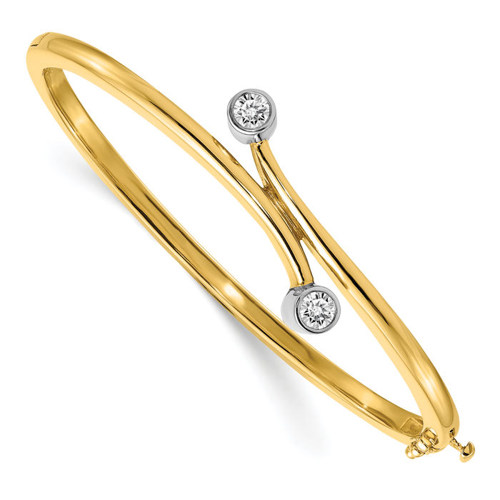 14K Solid Two Tone Gold Diamond Bangle Bracelet - Picture 8 of 12