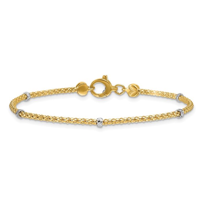 14K Solid Two Tone Gold Bead Popcorn Link Chain Bracelet - Picture 10 of 12