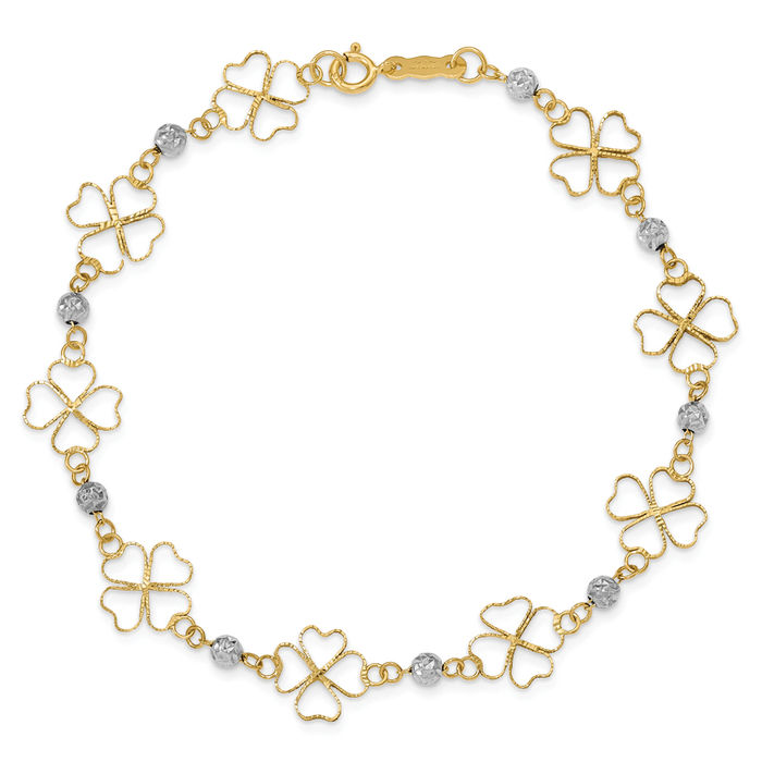 14K Solid Two Tone Gold Clover Shamrock Beads Chain Bracelet - Picture 8 of 12