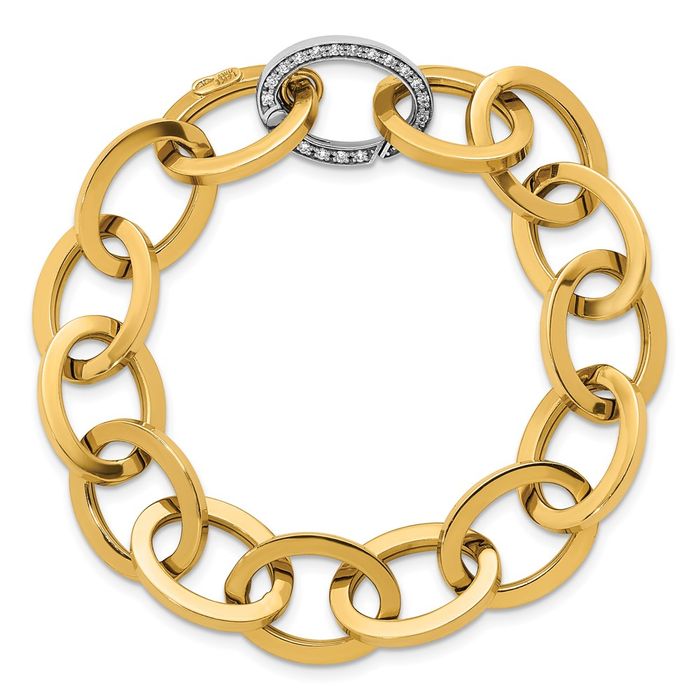 14K Solid Two Tone Gold Diamond Oval Cable Rolo Link Chain Bracelet