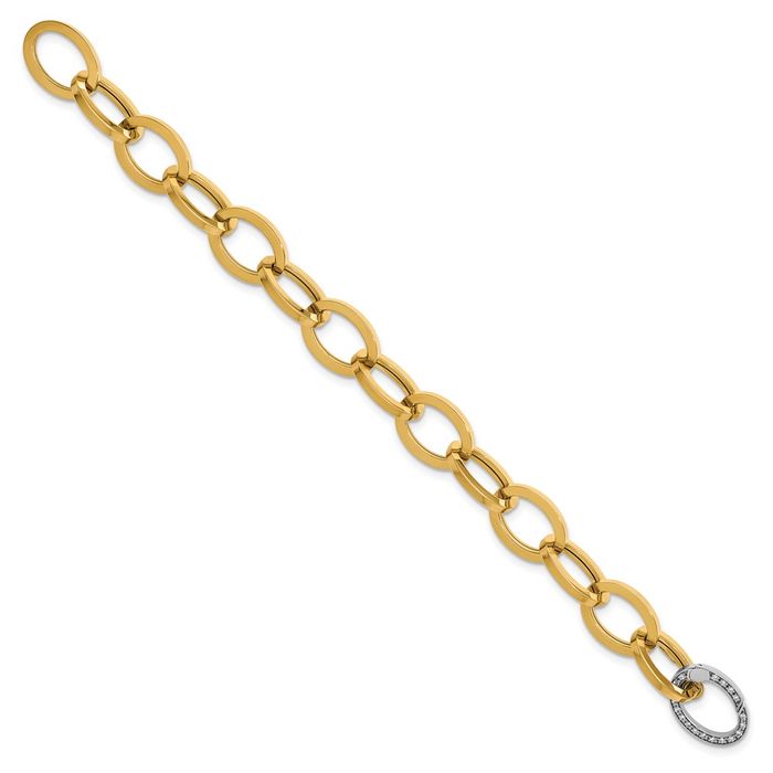 14K Solid Two Tone Gold Diamond Oval Cable Rolo Link Chain Bracelet