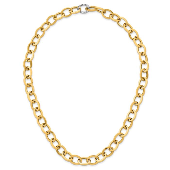 14K Solid Two Tone Gold Diamond Oval Link Chain Necklace - Picture 11 of 12