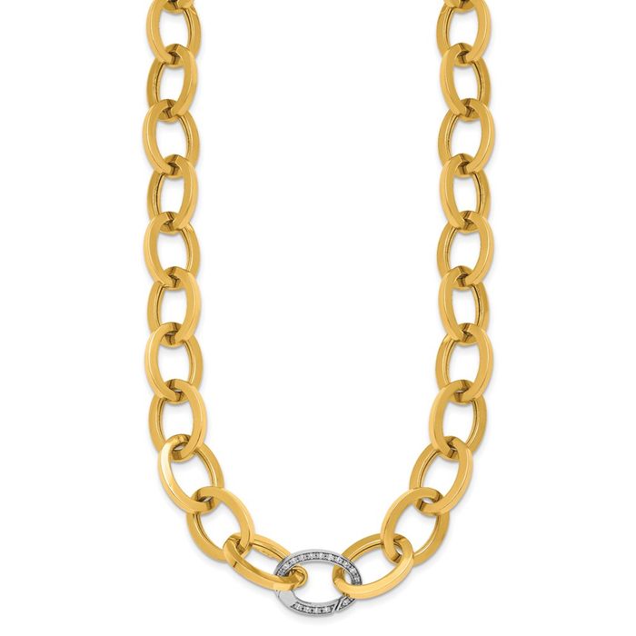 14K Solid Two Tone Gold Diamond Oval Link Chain Necklace - Picture 10 of 12