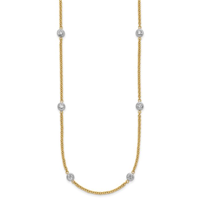 14K Solid Two Tone Gold Diamond Stations Necklace Chain