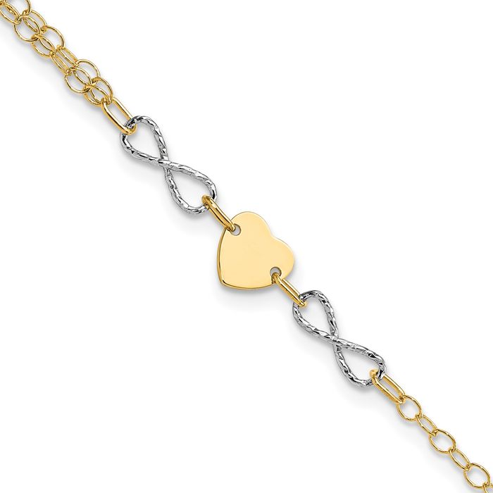 14K Solid Two Tone Gold Infinity Twisted Love Knot Symbol Heart Chain Charm Bracelet