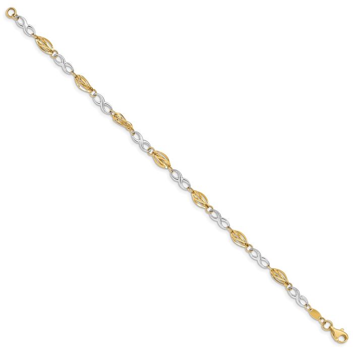 14K Solid Two Tone Gold Infinity Twisted Love Knot Symbol Chain Charm Bracelet