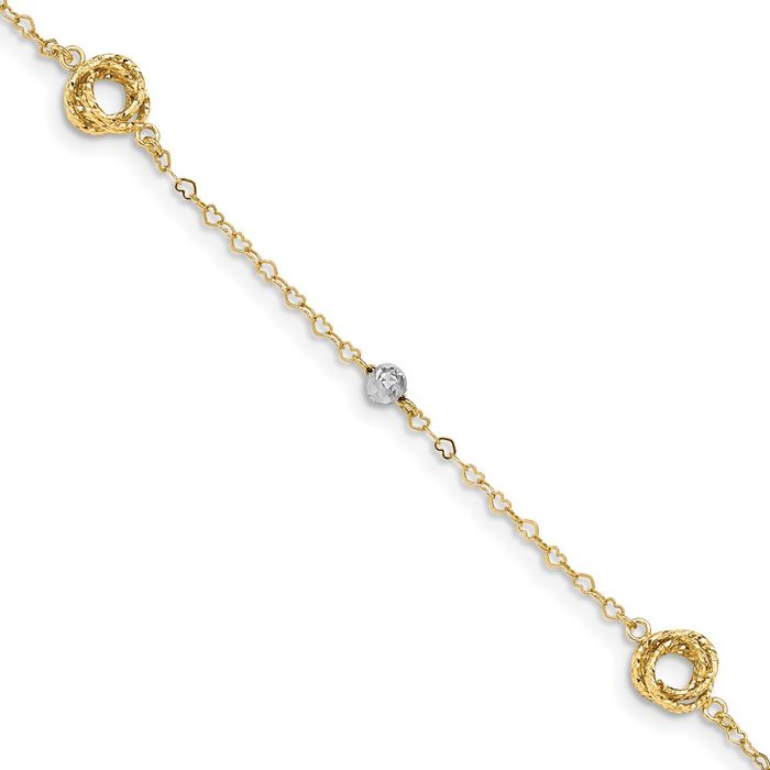 14K Solid Two Tone Gold Love Knots Heart Link Chain Bracelet - Picture 8 of 12