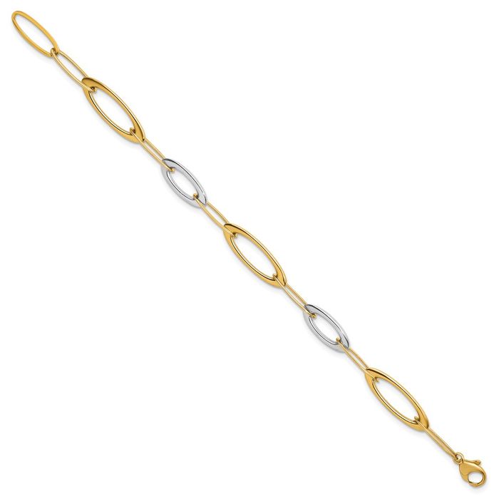 14K Solid Two Tone Gold White Oval Cable Rolo Link Chain Bracelet