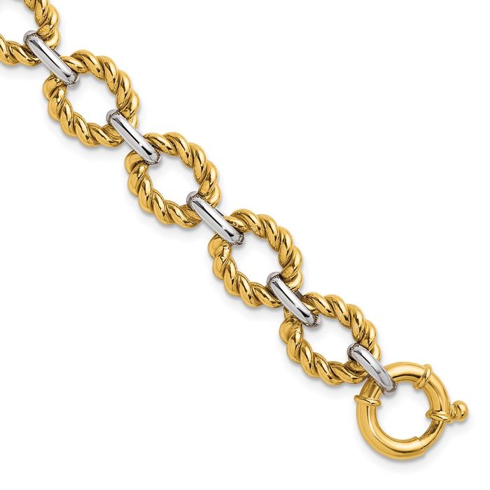 14K Solid Two Tone Gold White Twisted Oval Cable Rolo Link Chain Bracelet