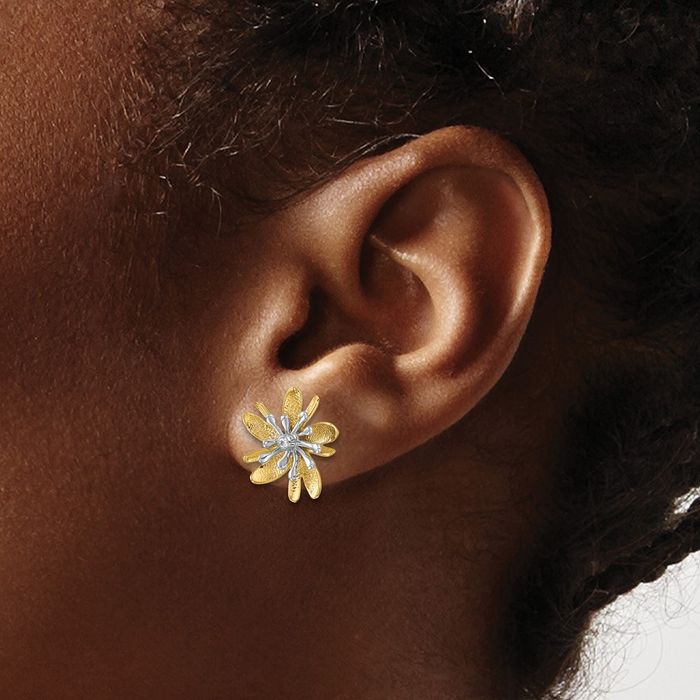 14K Solid Two Tone Gold White Diamond Flower Stud Earrings
